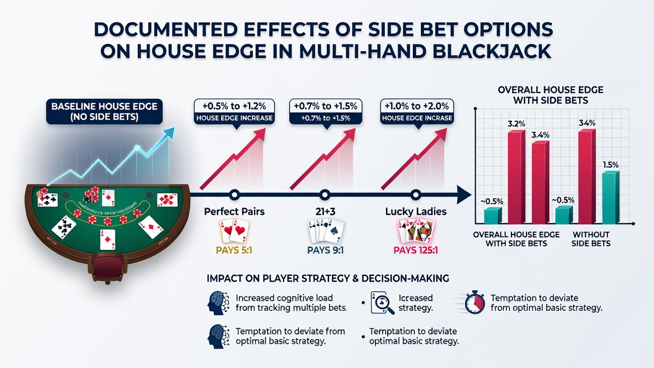 Close-up of blackjack felt with side bet betting circles and payout charts for multi-hand configurations